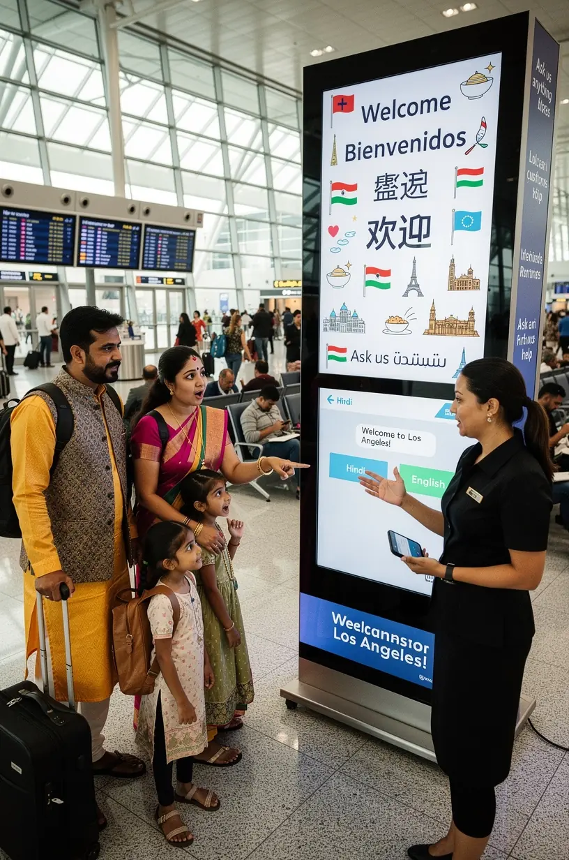 Группа туристов использует киоск с культурным брифингом и языковой поддержкой.