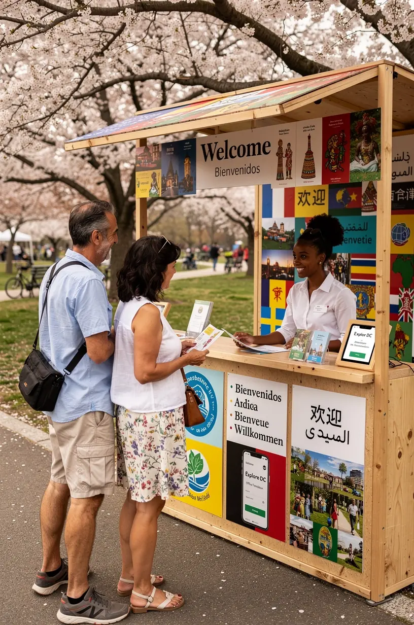 Специалист в киоске помогает туристам с переводом и культурной информацией.