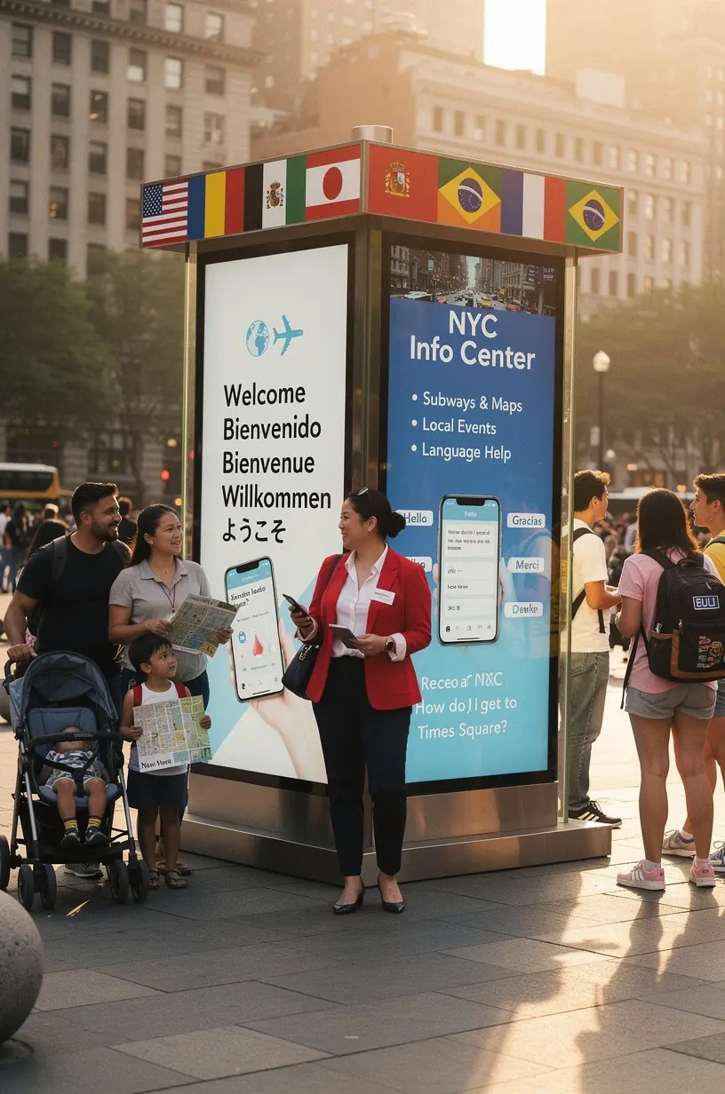 Интерактивный терминал с офлайн-переводом для путешественников в американском городе.